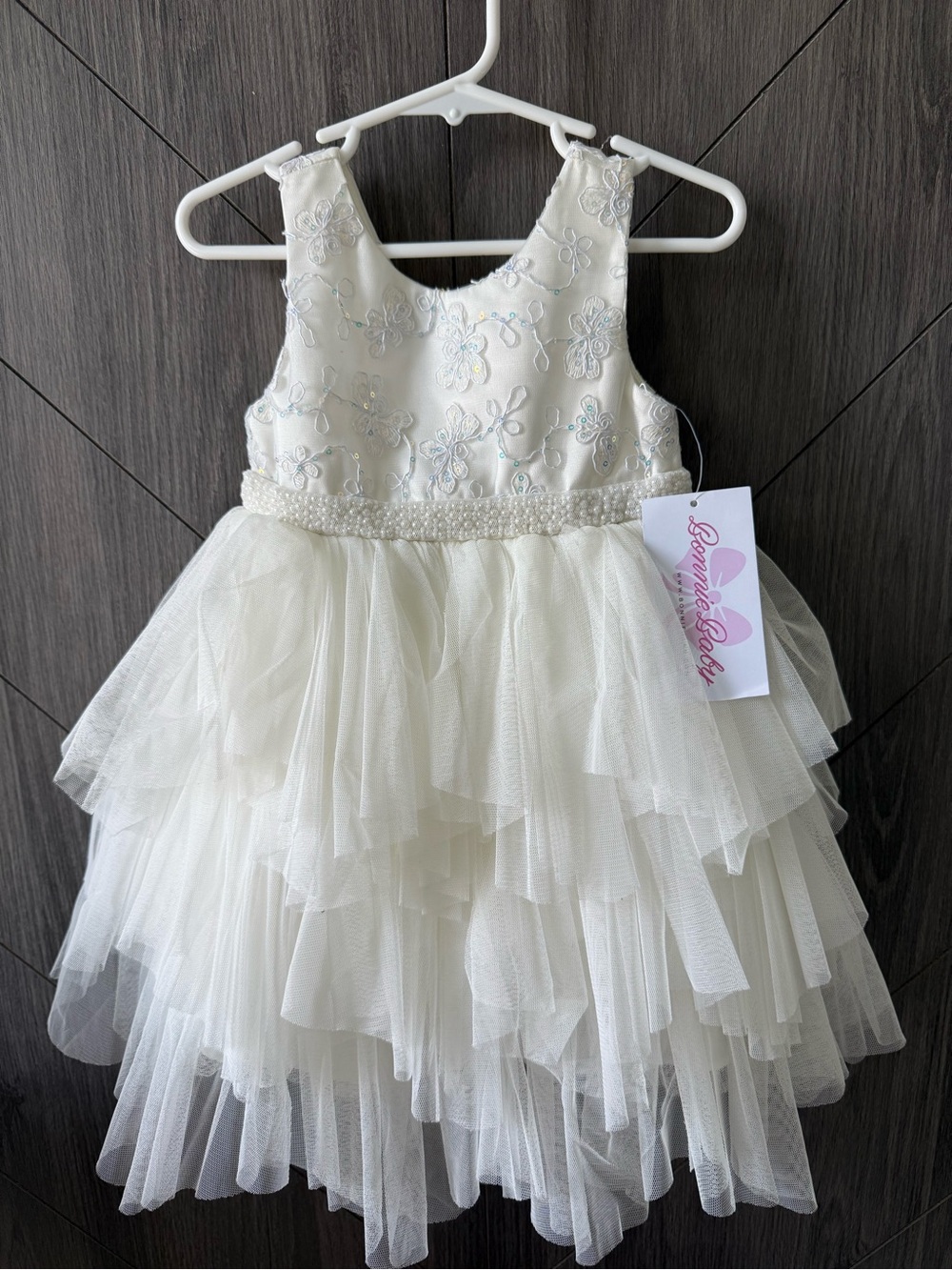 Bonnie Baby Ivory Pearl-Waist Layered Tulle Dress